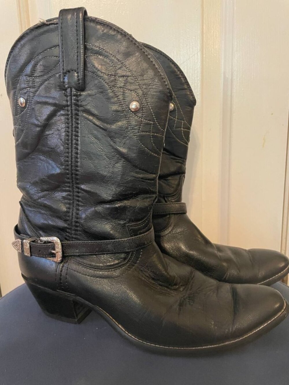 Dingo Black Western Cowboy Boots Women's 7.5M Studded Ankle Strap Vintage Boho C